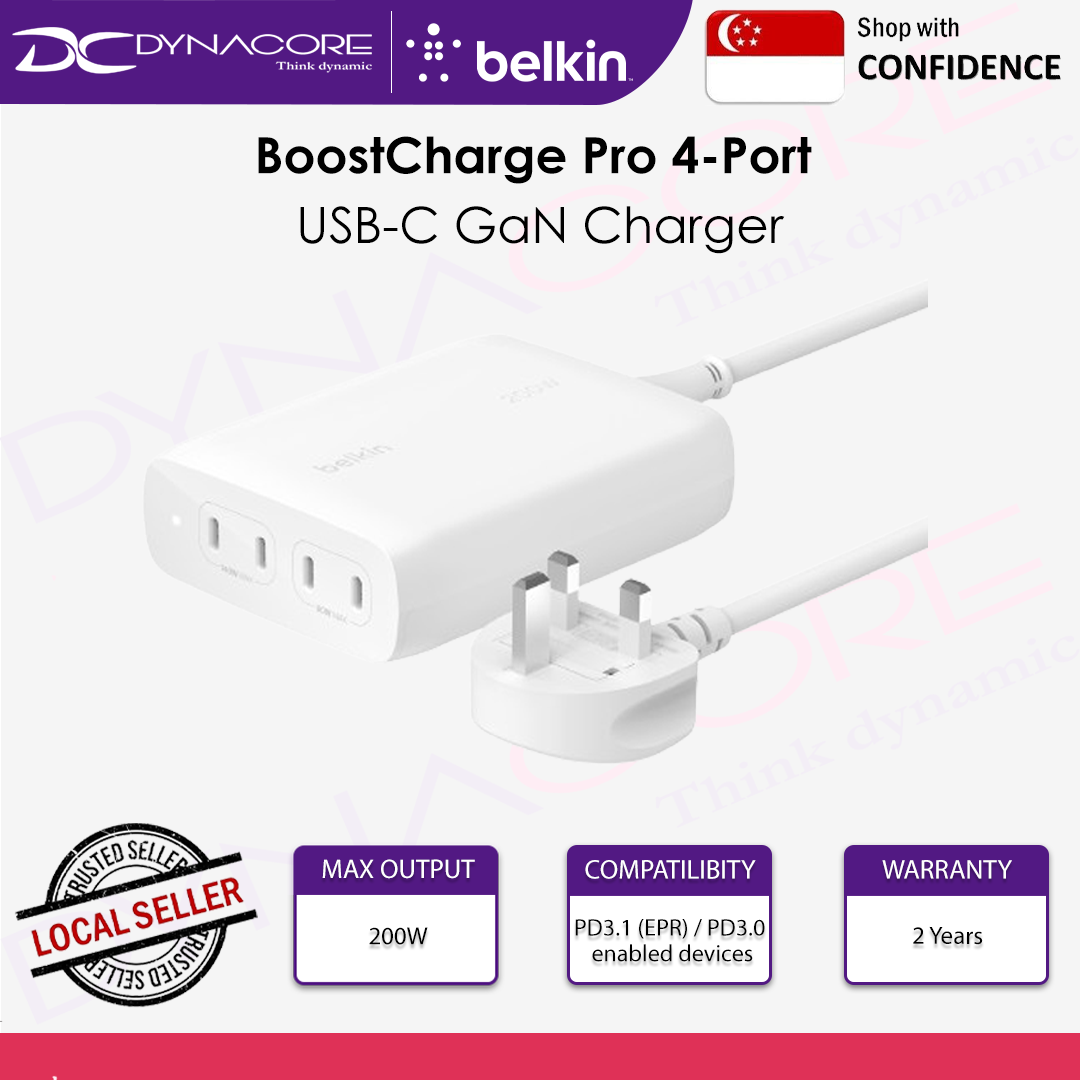 Belkin BoostCharge Pro 200W 4-Port USB-C GaN Charger - WCH015myWH - 0745883868186