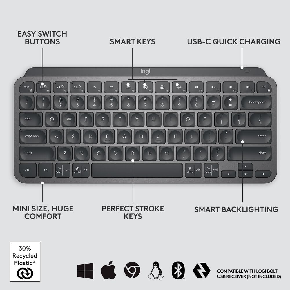 Logitech MX Keys Mini Minimalist Wireless Illuminated Keyboard, Compact, Bluetooth, Backlit, USB-C, Compatible with Apple macOS, iOS, Windows, Linux, Android, Metal Build-Graphite -097855169655