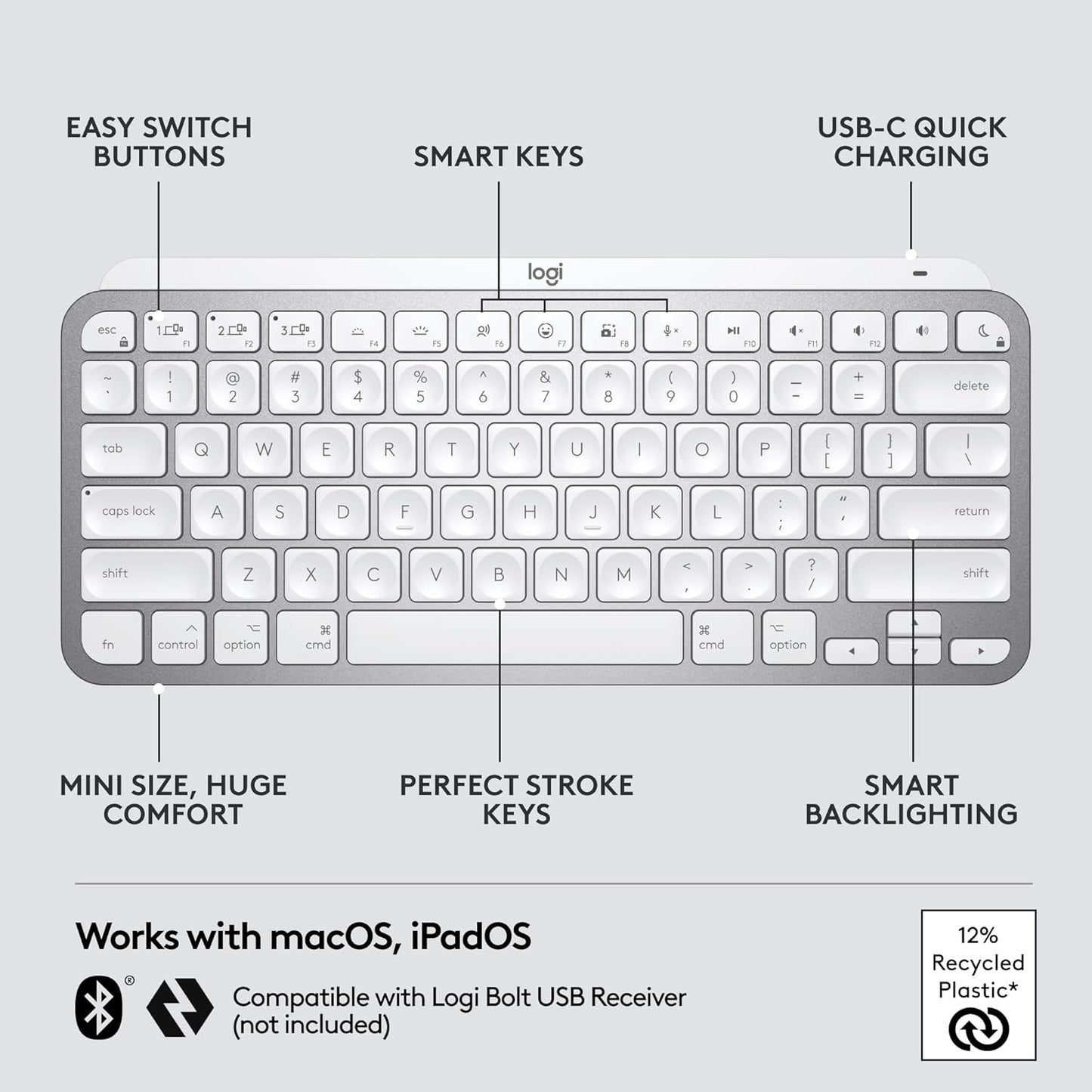 Logitech MX Keys Mini Minimalist Wireless Illuminated Keyboard, Pale Grey Compact, Bluetooth, Backlit, USB-C, Compatible with Apple macOS, iOS, Windows, Linux, Android, Metal Build -097855169662