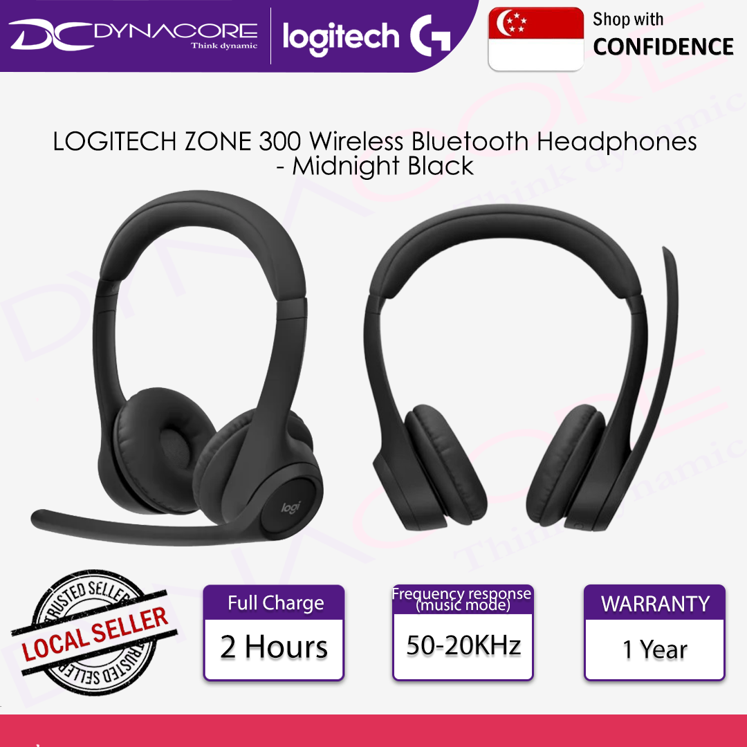 LOGITECH ZONE 300 Wireless Bluetooth Headphones, Dual Noise-canceling Mics, All Day Battery, Ultra Light Weight Comfort - MIDNIGHT BLACK - 097855193636