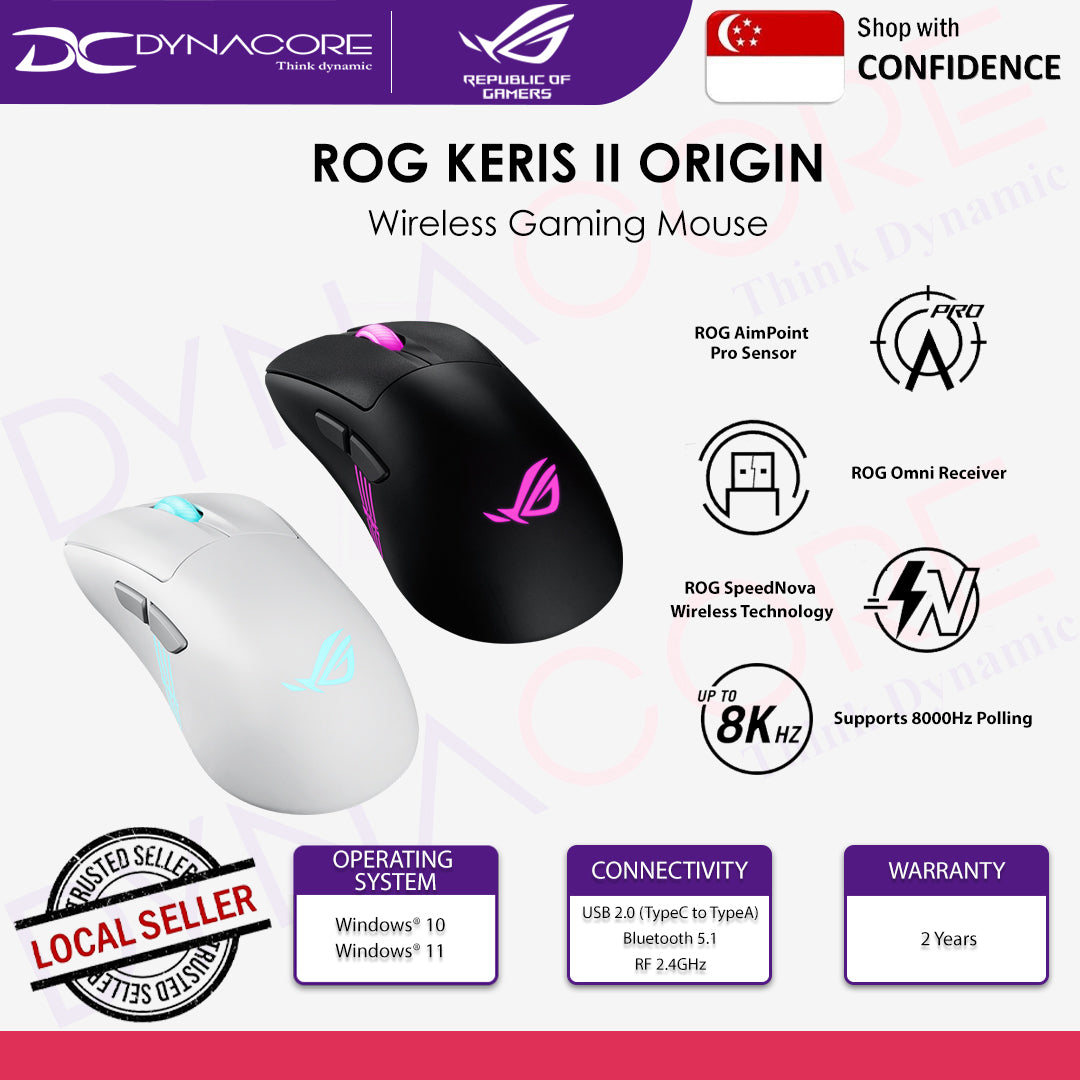 ASUS ROG KERIS II ORIGIN WIRELESS GAMING MOUSE - BLACK / MOONLIGHT WHITE - 197105951228 / 197105951266