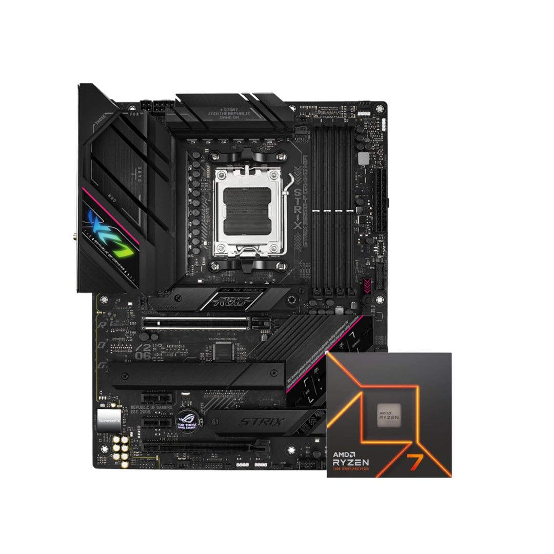 ASUS ROG STRIX B650E-F GAMING WIFI AM5 ATX MOTHERBOARD + AMD Ryzen 7 7700 8 Cores / 16 Threads 65 Watts 40MB Cache Gaming Processor / CPU - 4711081944058 +100-100000592MPK