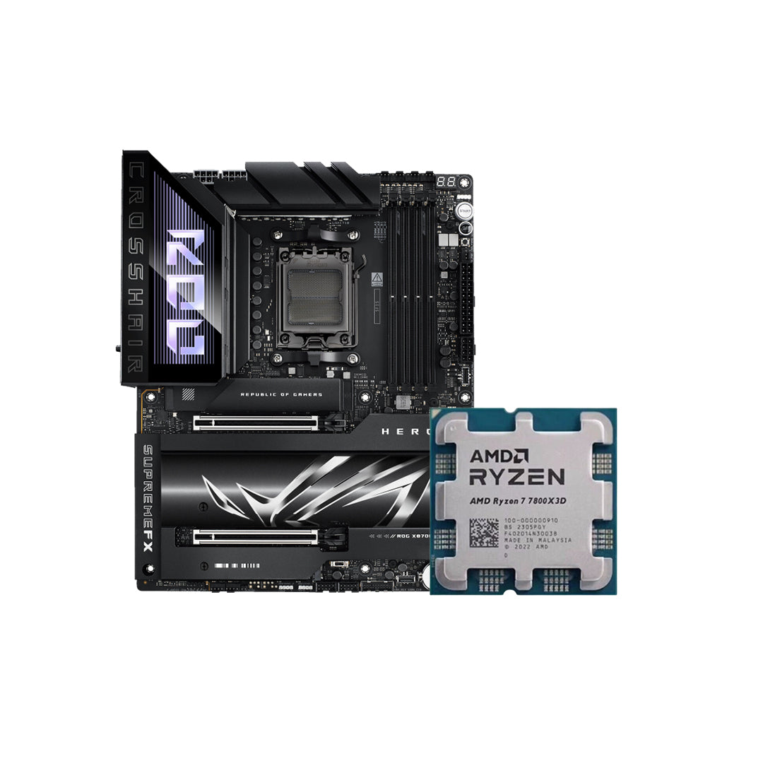 ASUS ROG CROSSHAIR X870E HERO MOTHERBOARD +AMD Ryzen 7 7800X3D 8 Core AM5 Zen4 PCIe 5.0 CPU/Processor - 4711387710319+ 100-000000910