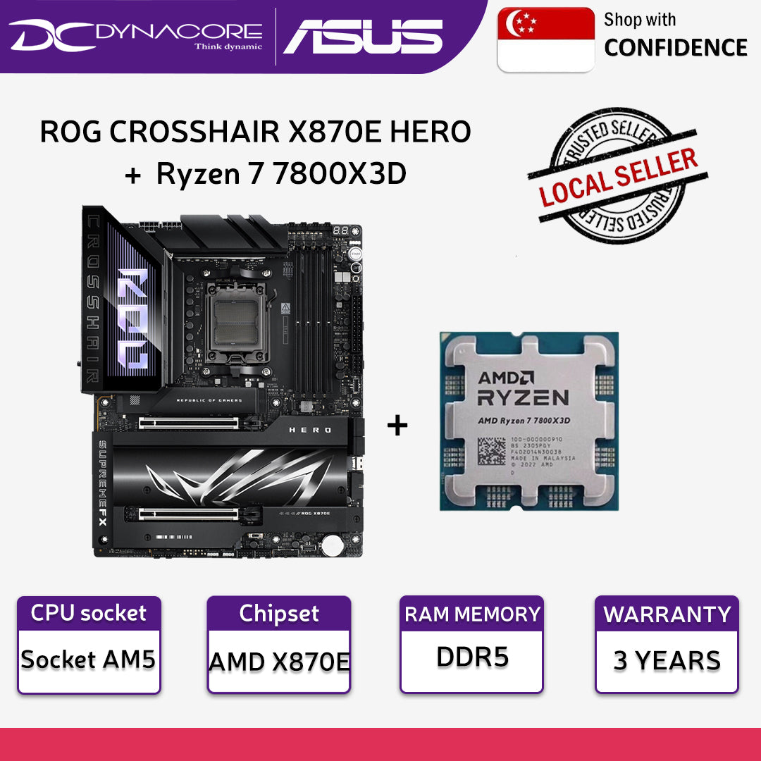 ASUS ROG CROSSHAIR X870E HERO MOTHERBOARD +AMD Ryzen 7 7800X3D 8 Core AM5 Zen4 PCIe 5.0 CPU/Processor - 4711387710319+ 100-000000910