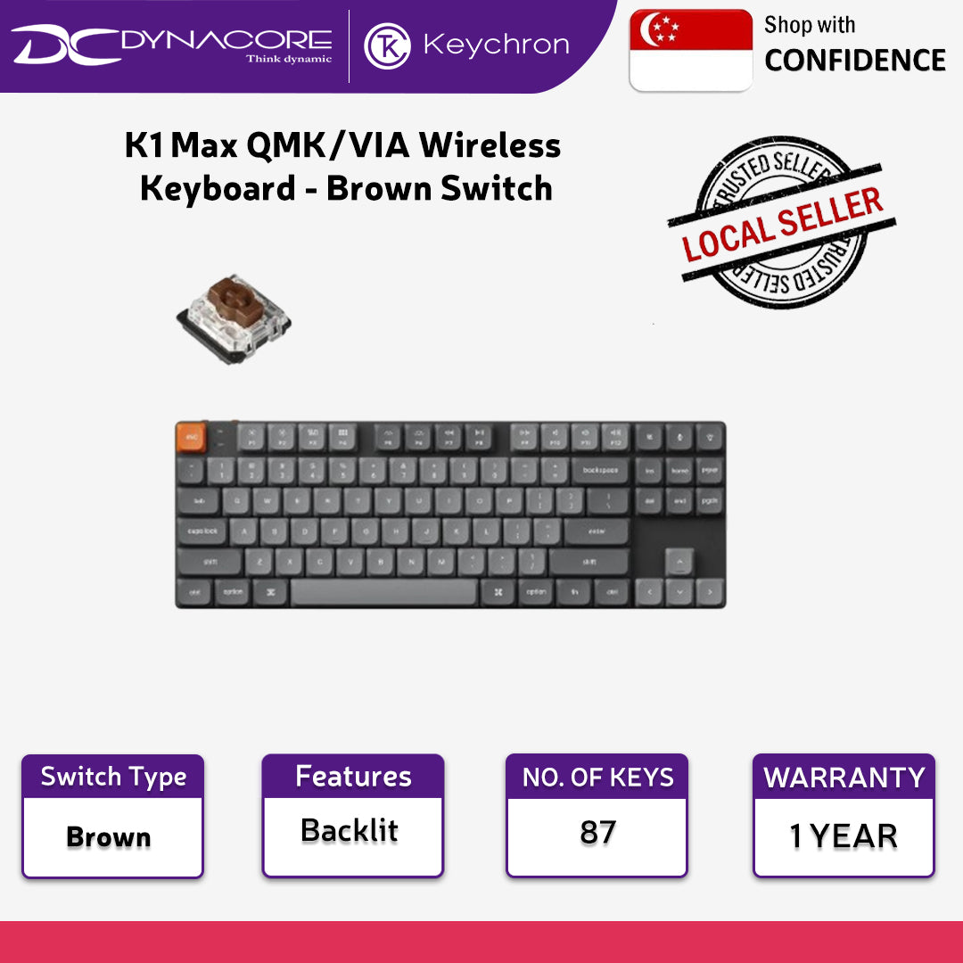 KEYCHRON K1 MAX KEYBOARD BROWN SWITCH, BLACK KYCN-K1M-H3 - 4895248866336