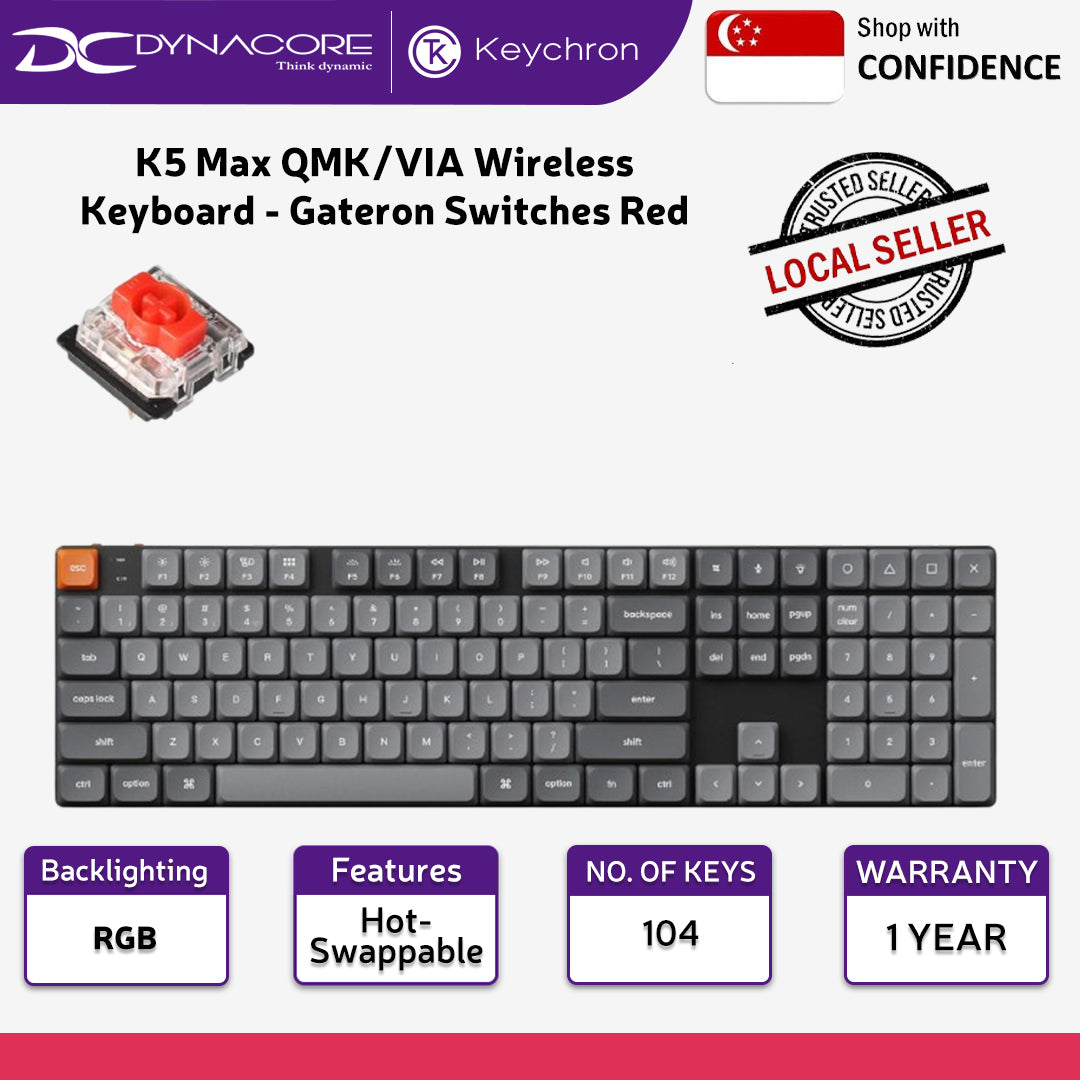 Keychron K5 Max QMK/VIA Wireless Hot-Swappable Low Profile Custom Mechanical Keyboard - Gateron Switches Red - 4895248866992