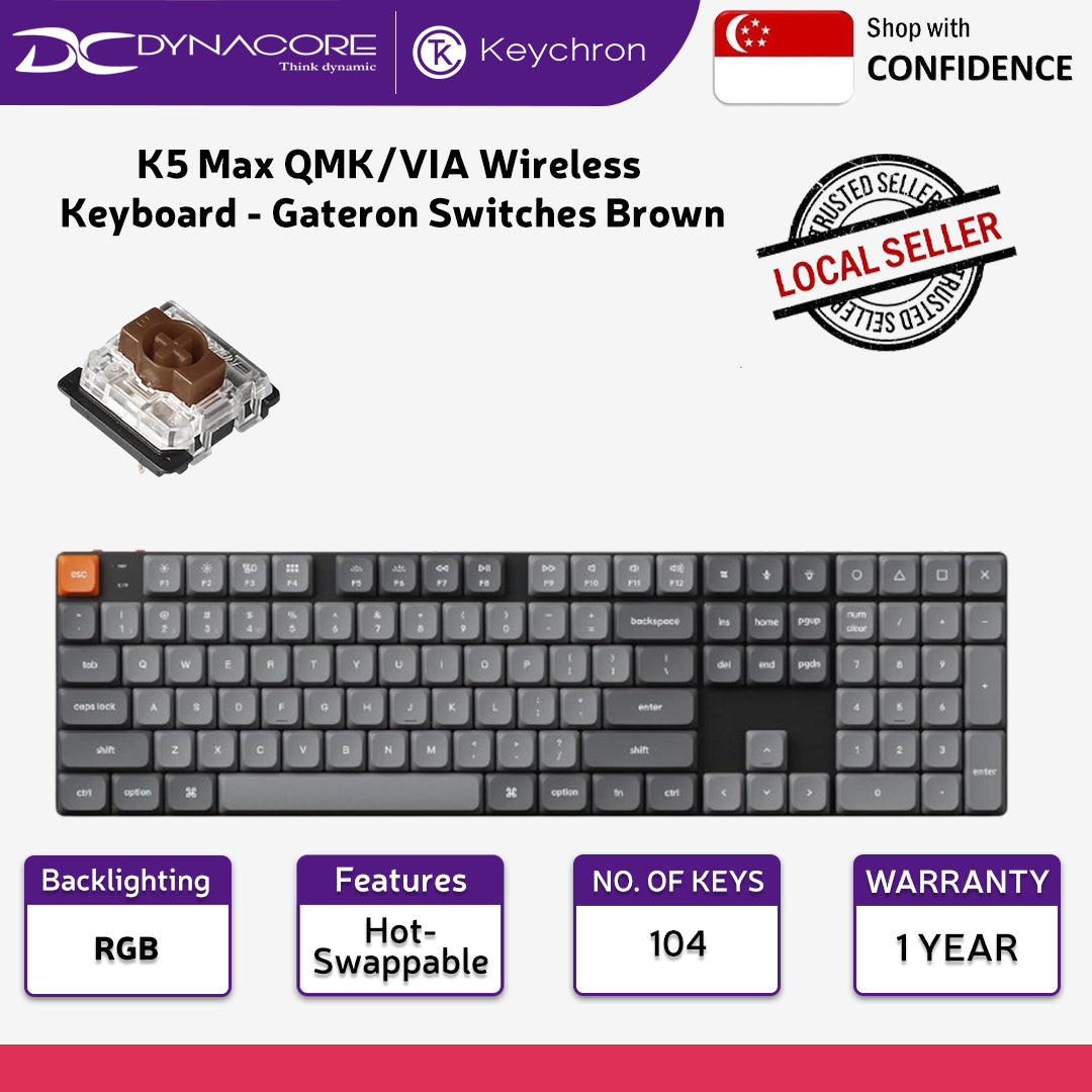Keychron K5 Max QMK/VIA Wireless Hot-Swappable Low Profile Custom Mechanical Keyboard - Gateron Switches Brown - 4895248867012