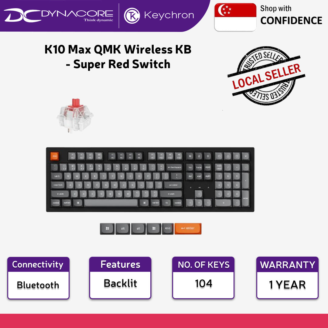 Keychron K10 Max QMK Wireless Hot Swappable Mechanical Gaming Keyboard - Black - Fully Assembled - Super Red Switch - 4895248884569