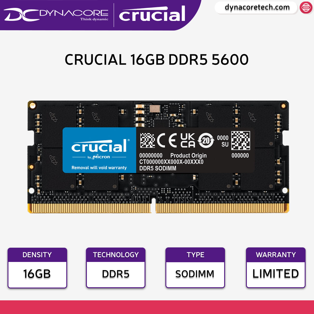 Crucial 16GB DDR5 5600MHz SO-DIMM Laptop Single Stick CL46 Memory / RAM - CT16G56C46S5 - 649528929938