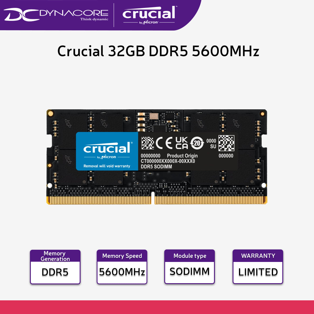 Crucial 32GB DDR5 5600MHz SO-DIMM Laptop Single Stick CL46 Memory / RAM - CT32G56C46S5 - 649528929952