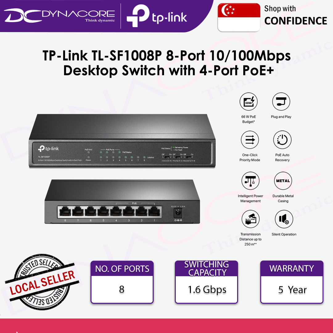 TP-Link TL-SF1008P 8-Port 10/100Mbps Desktop Switch with 4-Port PoE+ - 6935364021665