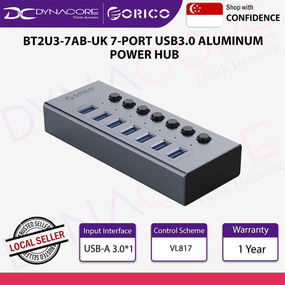 ORICO BT2U3-7AB 7 Ports USB Aluminum Alloy Power Hub USB3.0 with Individual Switches and Power - 6954301174325