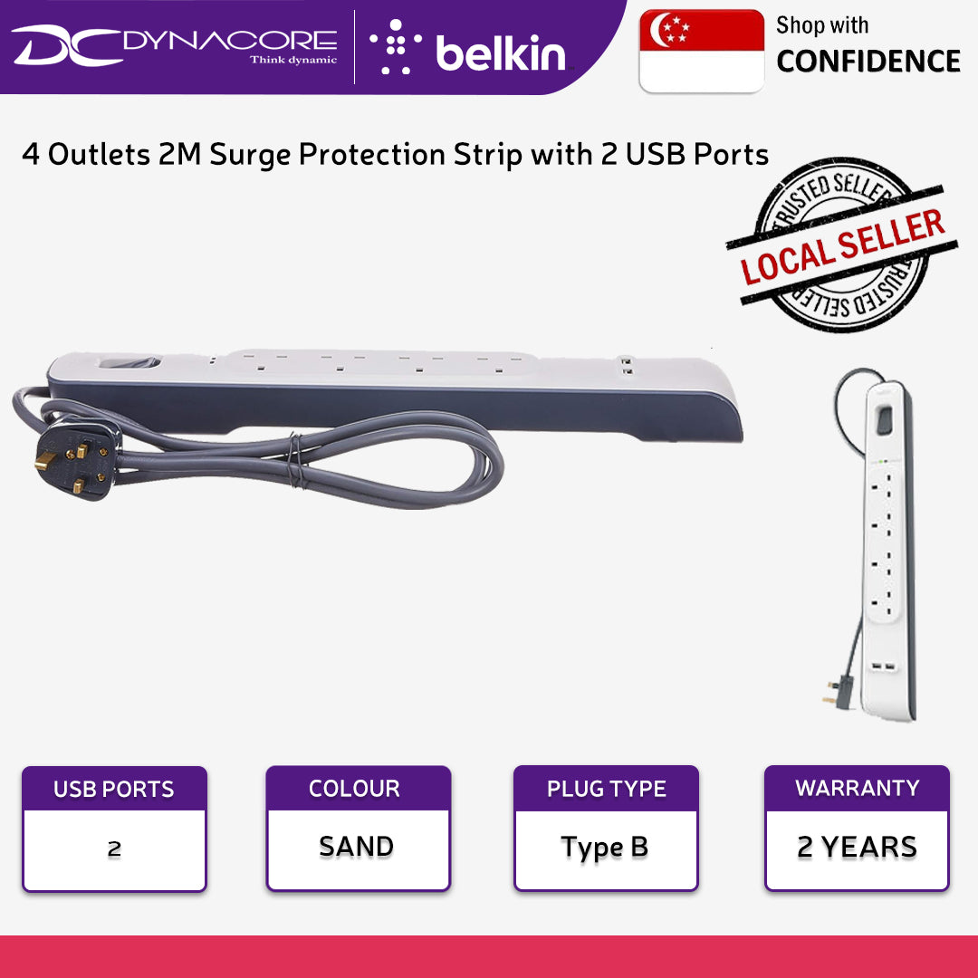 BELKIN 4 Outlets 2M Surge Protection Strip with 2 USB Ports - BSV401SA2M - 745883650972