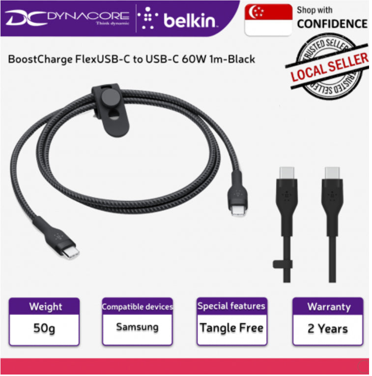 BELKIN BoostCharge FlexUSB-C to USB-C Cable 60W 1m Black - CAB009BT1MBK - 745883832231