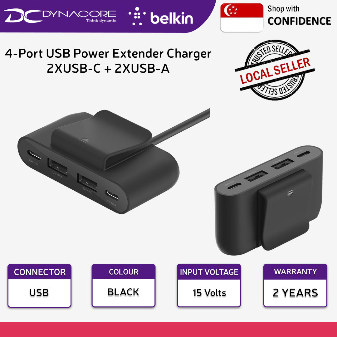 BELKIN BoostCharge 4-Port USB Power Extender Charger 2XUSB-C + 2XUSB-A Black - BUZ001BT2MBKB7 - 745883852352