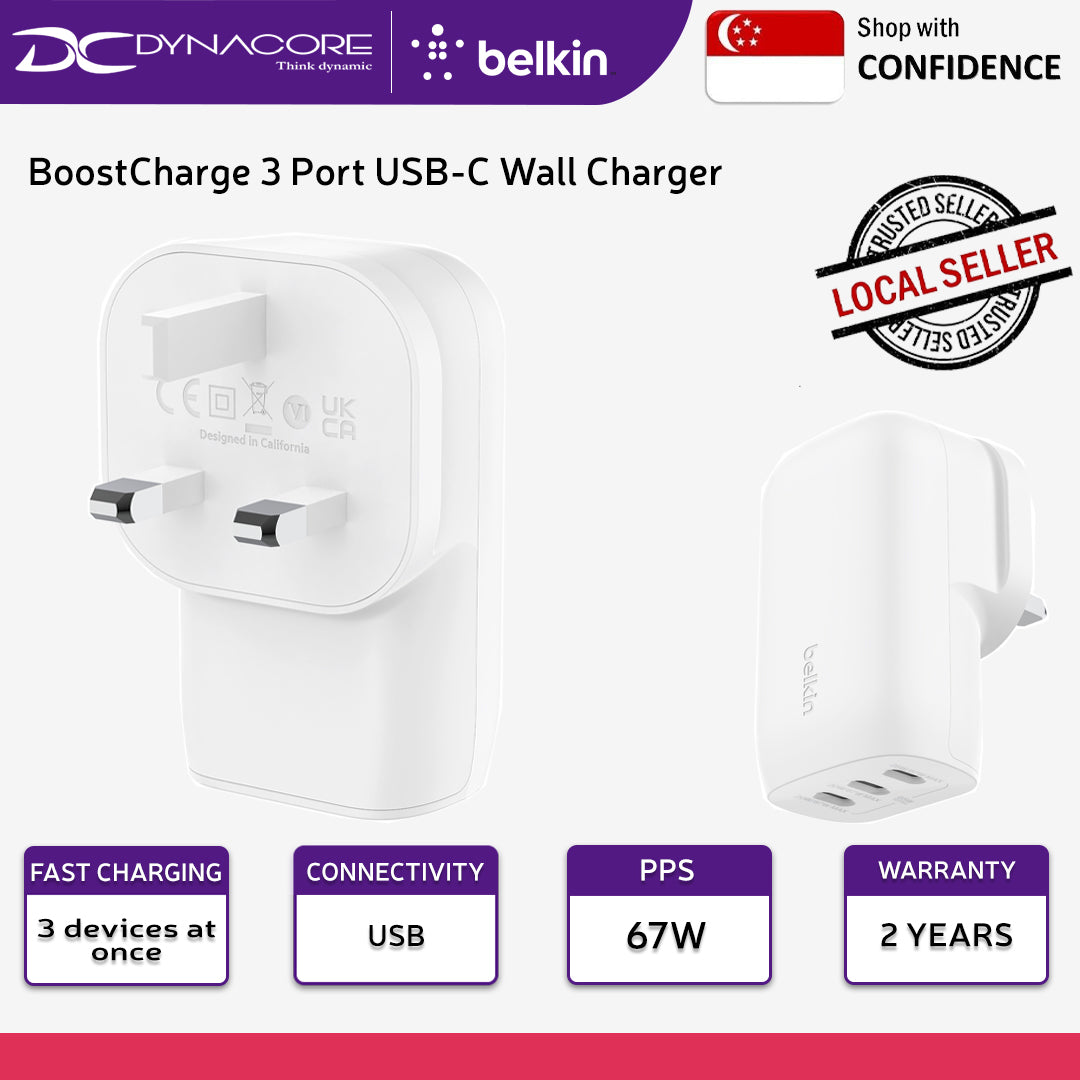 BELKIN BoostCharge 3 Port USB-C Wall Charger with PPS 67W - WCC002MYWH - 745883860067