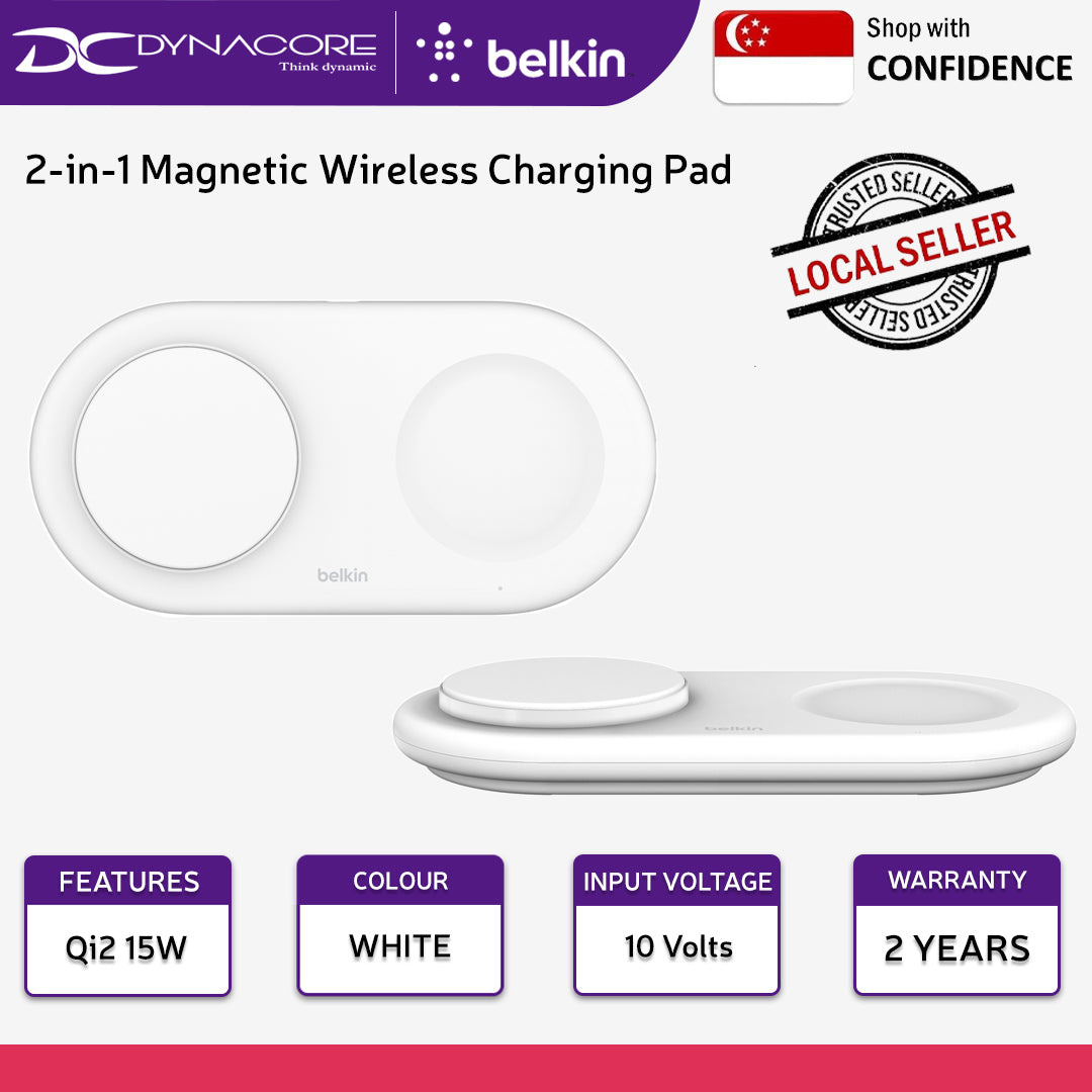 BELKIN BoostCharge Pro 2-in-1 Magnetic Wireless Charging Pad with Qi2 15W White - WIZ021QCWH - 745883877553