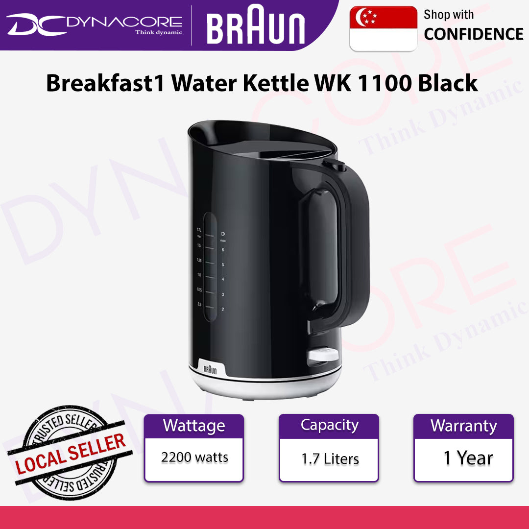 Braun Breakfast1 Collection WK1100BK - Kettle, 360° Rotatable, Removable Limescale Filter, Plastic, Black - 8021098773500