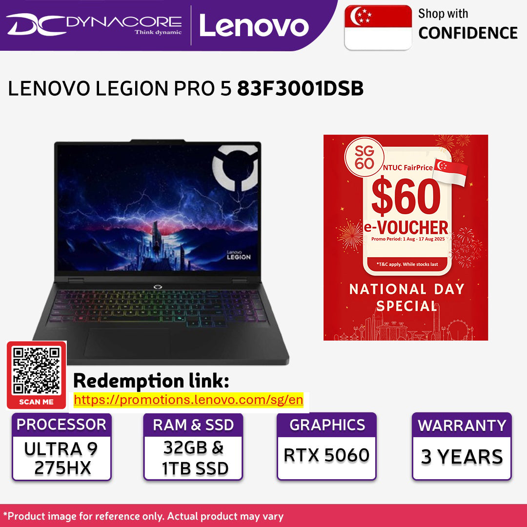 LENOVO LEGION PRO 5 83F3001DSB GAMING LAPTOP (ULTRA 9 275HX /32GB RAM/1TB/RTX5060/WIN11 HOME/16"OLED) 3YEARS ON-SITE LEGION ULTIMATE WARRANTY BY LENOVO - 83F3001DSB