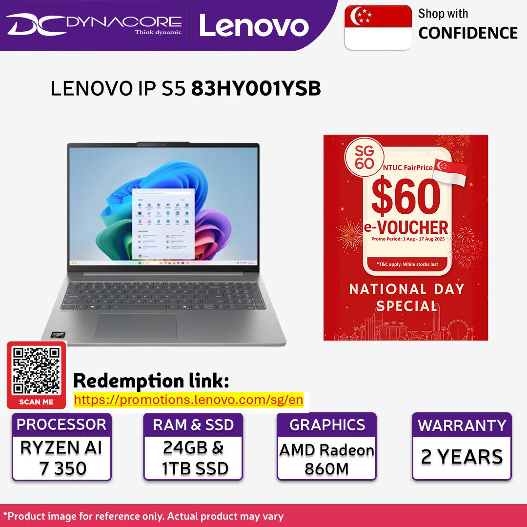 LENOVO IP S5 83HY001YSB (RYZEN AI 7 350/24GB RAM- (12GX2) /1TB M.2 NVMe /AMD Radeon™ 860M /16" 2.8K-OLED With Numpad/WIN11H)2YEARS WARRANTY - 83HY001YSB