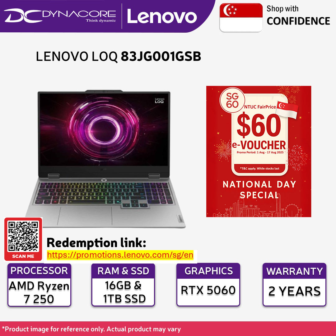 LENOVO LOQ 83JG001GSB Gaming Laptop (New AMD Ryzen™ 7 250 /16GB RAM/1TB SSD/RTX5060-8GB/15.6"FHD/Win11Home)2Years Onsite Premium Care Warranty By Lenovo - 83JG001GSB