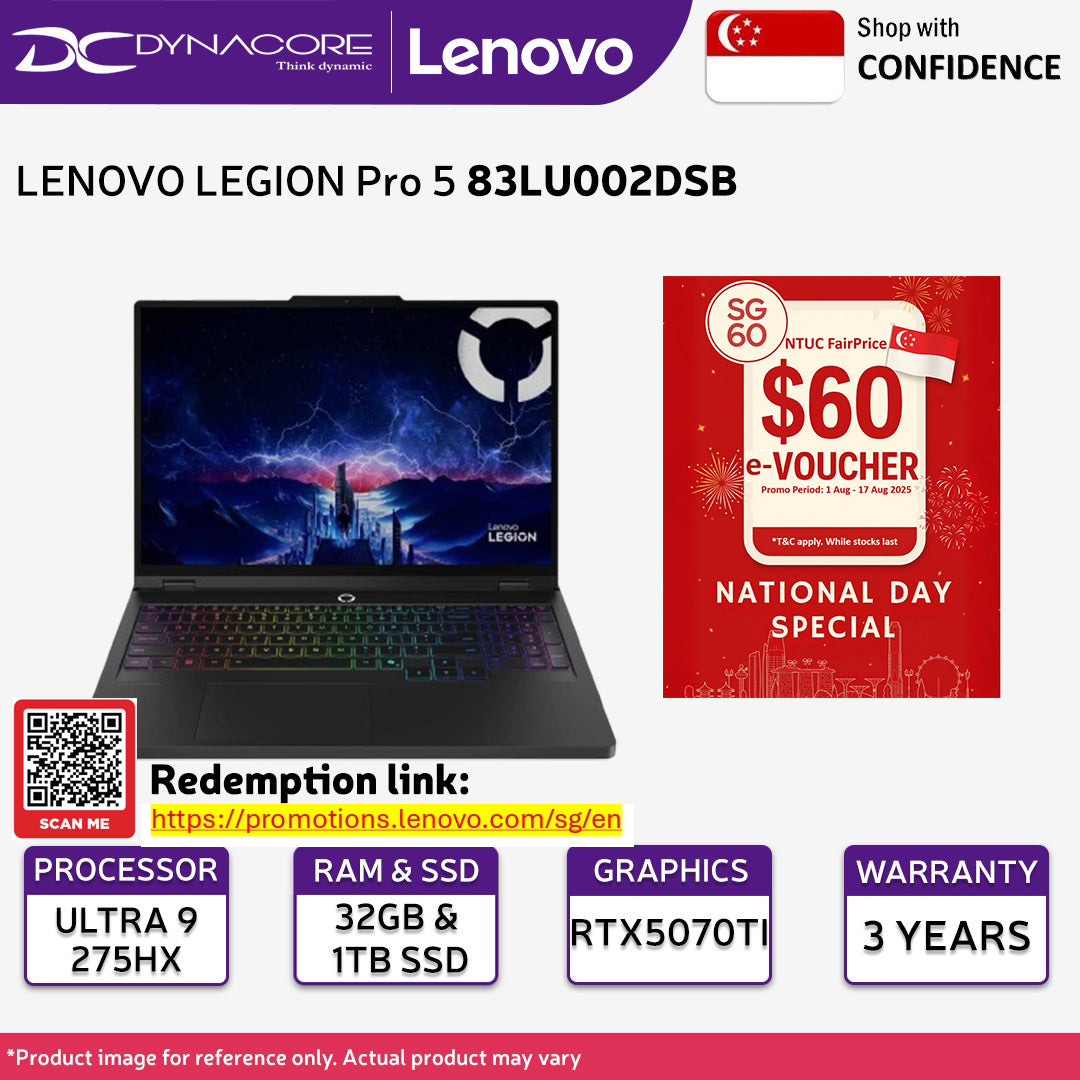 LENOVO LEGION Pro 5 83LU002DSB GAMING LAPTOP (ULTRA 9 275HX/32GB/1TB/RTX5070Ti-12GB/16"OLED-240Hz/W11H) - 83LU002DSB