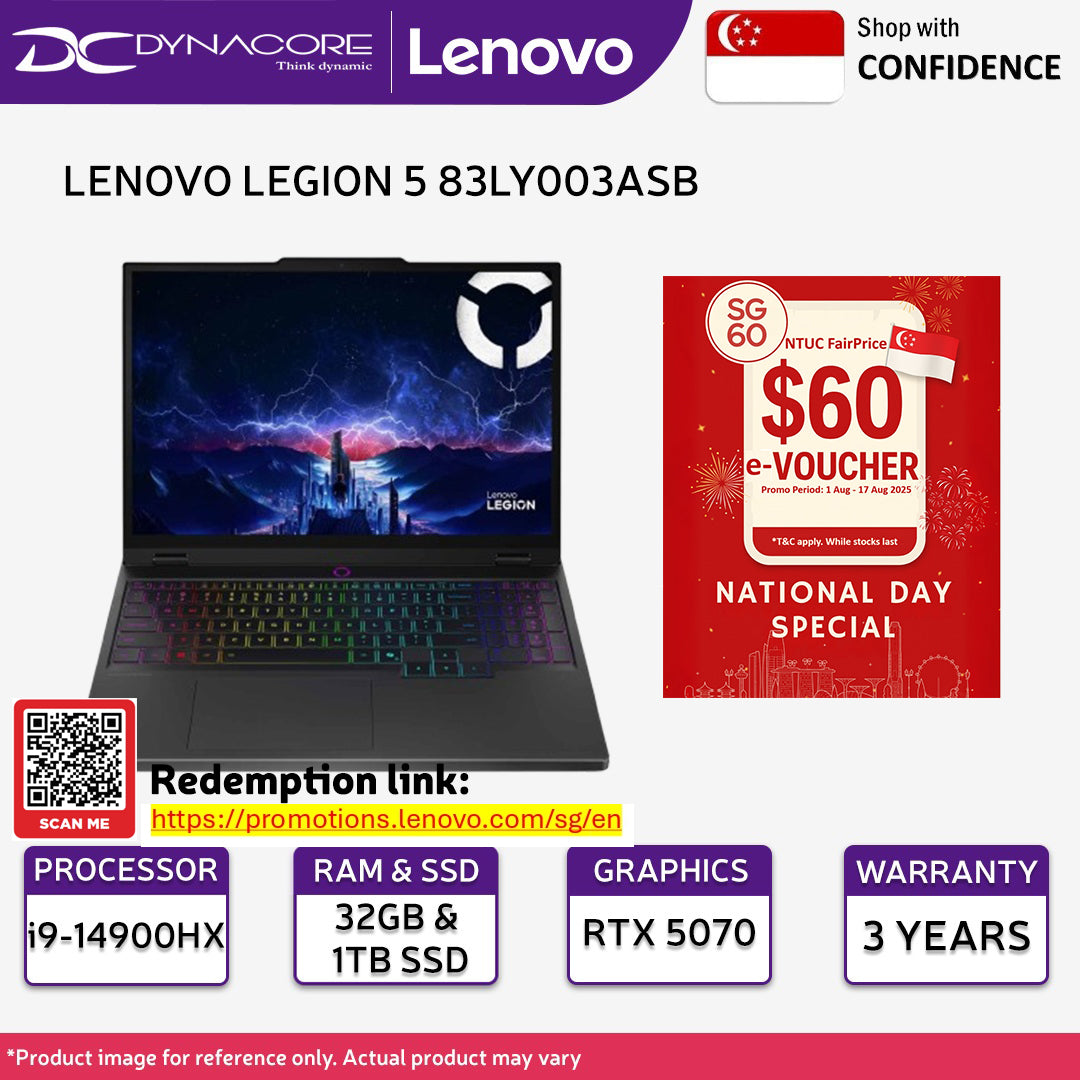 LENOVO LEGION 5 83LY003ASB GAMING LAPTOP (i9-14900HX/32GB/1TB/RTX5070-8GB/15.1"OLED165Hz/W11H) - 83LY003ASB