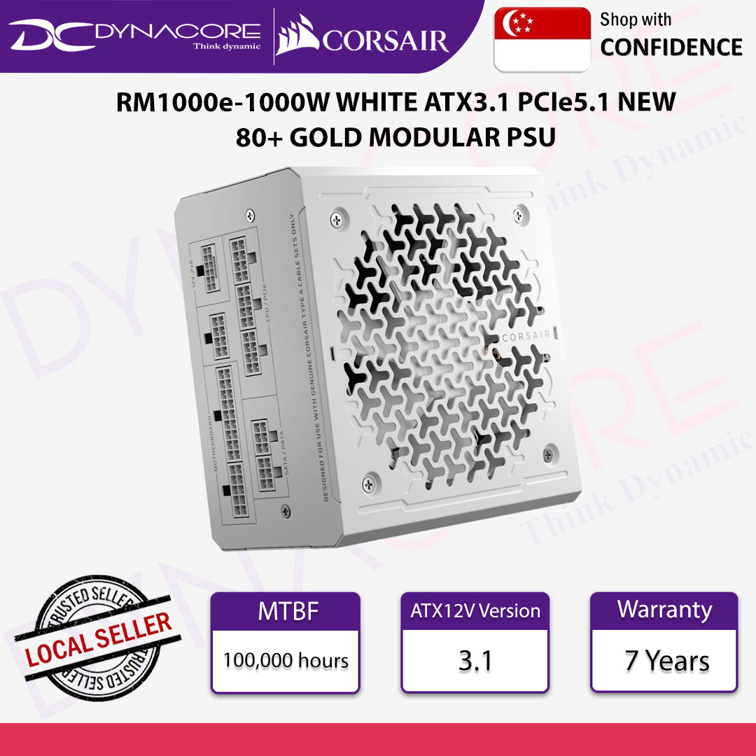 Corsair RM1000e 1000W White Fully Modular Low-Noise ATX 3.1 PCIe 5.1 80 Plus Gold Power Supply - 840006687375