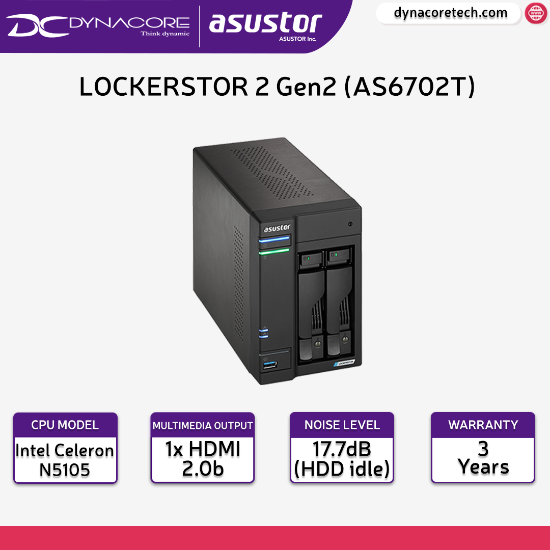 Asustor Lockerstor 2 Gen2 AS6702T - 2 Bay NAS, Quad-Core 2.0 GHz CPU, 4X M.2 NVM-887372901605