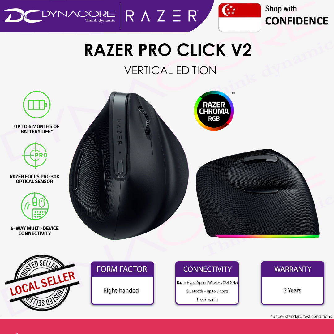 RAZER Pro Click V2 Right-Handed Vertical Ergonomic Productivity Wireless Mouse - RZ01-05250100-R3A1 - 8886419334699