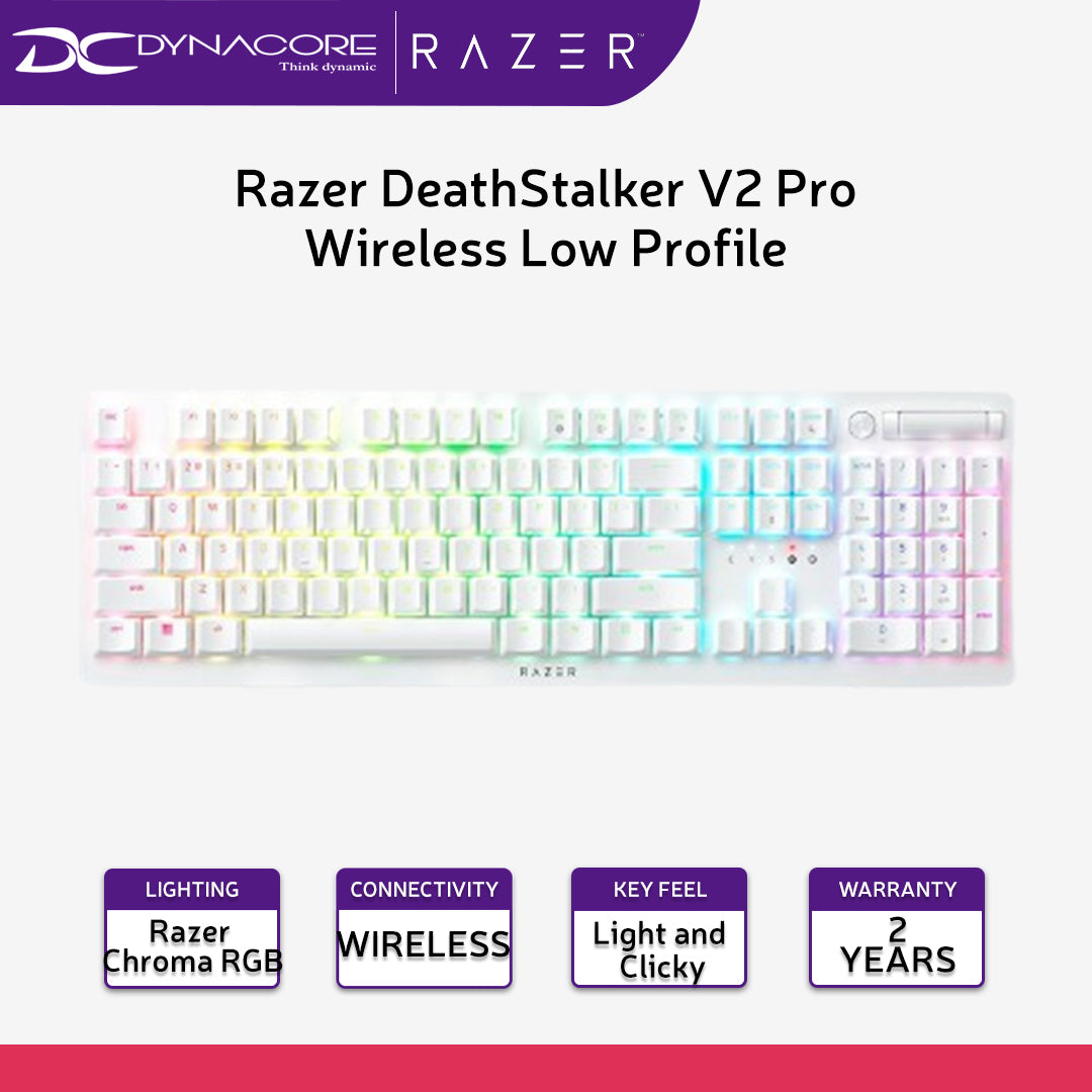 Razer DeathStalker V2 Pro Wireless Low Profile Optical Gaming Keyboard (Clicky Purple Switch) - White Edition - 8886419349426