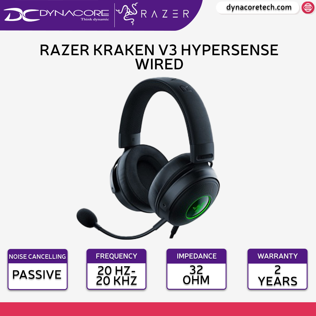 Razer Kraken V3 HyperSense Wired USB Gaming Headset Haptic Technology RZ04-03770100-R3M1, Black - 8886419378822