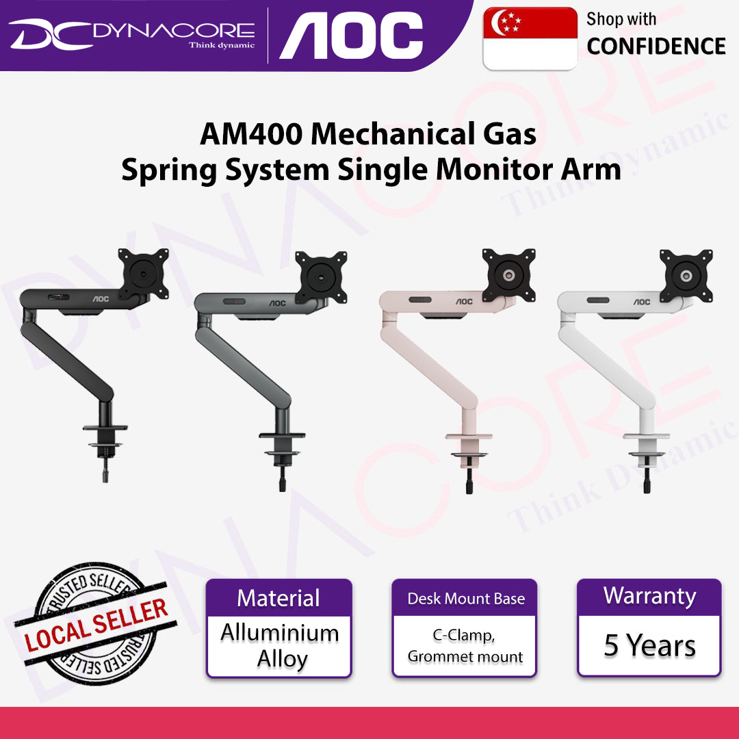 AOC AM400 Mechanical Gas Spring System Single Monitor Arm (Black / Gray / Pink / White)