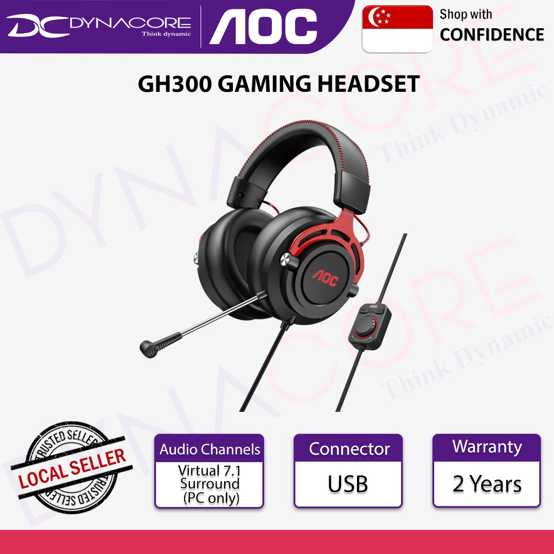 AOC GH300 7.1 Virtual Surrond Stereo with Hi-Fi Audio USB Gaming Headset with RGB & Detachable Mic - 6973985230639