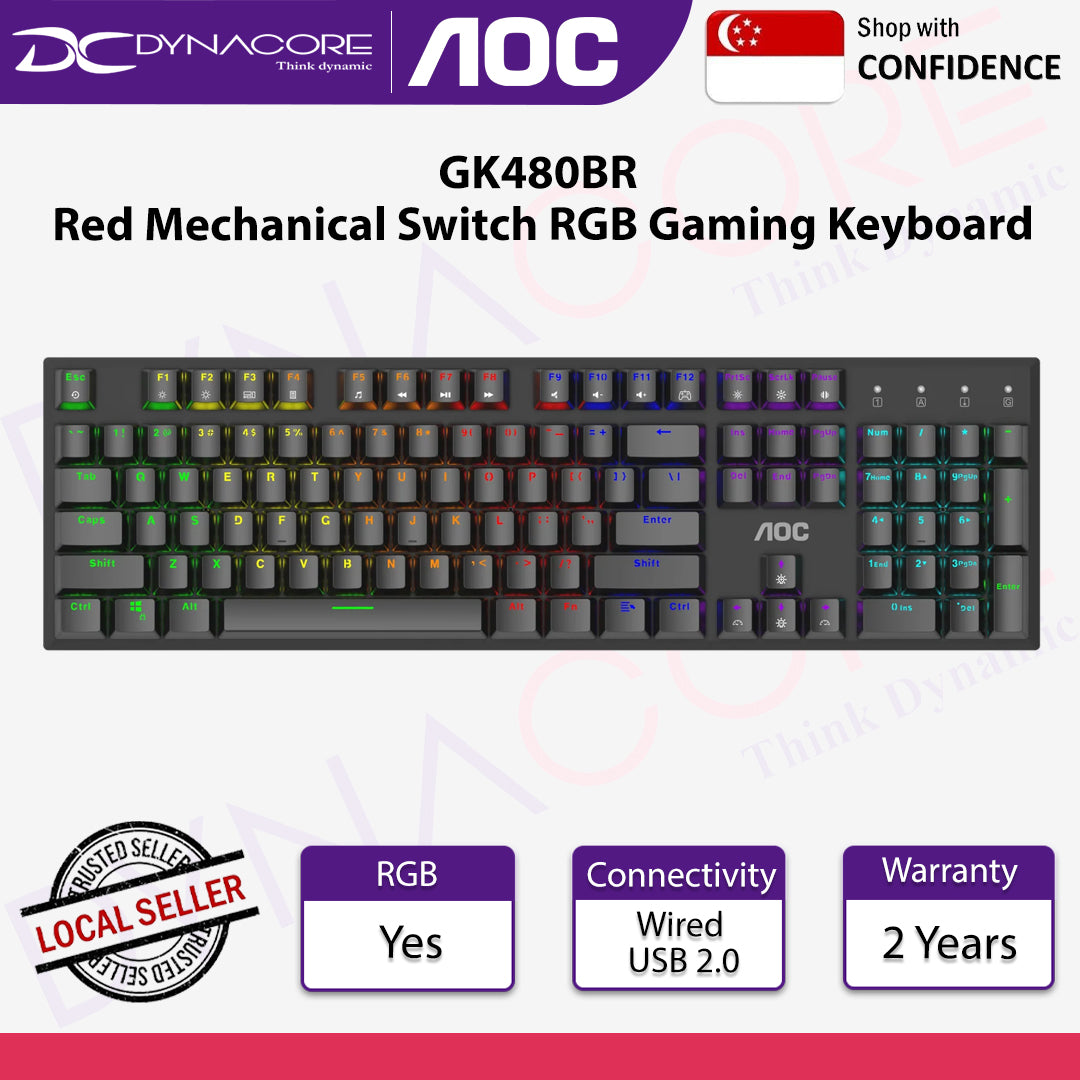 AOC GK480BR Red Mechanical Switch RGB Gaming Keyboard with Detachable Type-C & Spill Resistant & ABS D - 6973985231445