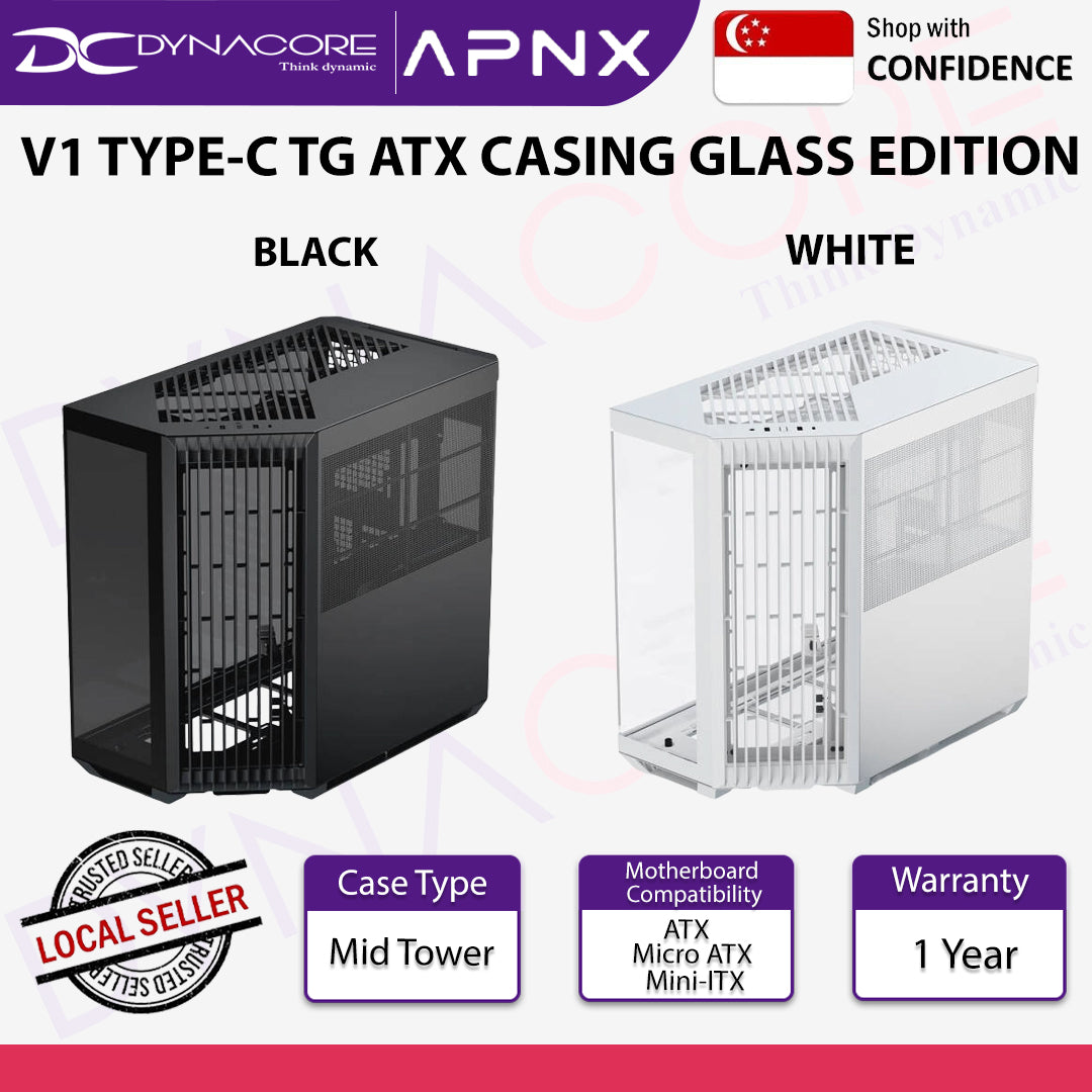 APNX V1 Type-C Tempered Glass ATX Mid-Tower Airflow PC Case Glass Edition - Black / White