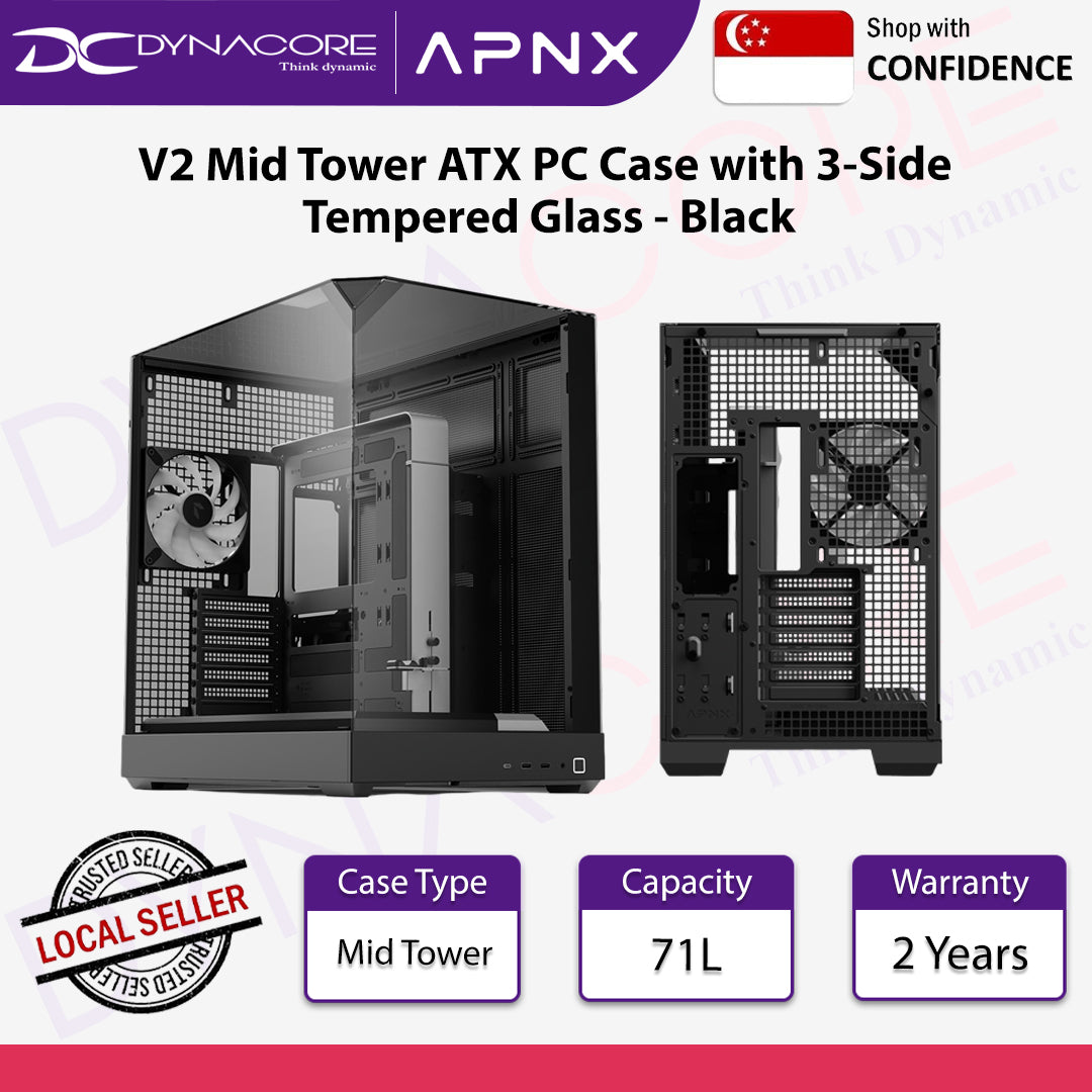 APNX V2 Mid Tower ATX PC Case with 3-Side Tempered Glass Black - APNXV2BLK