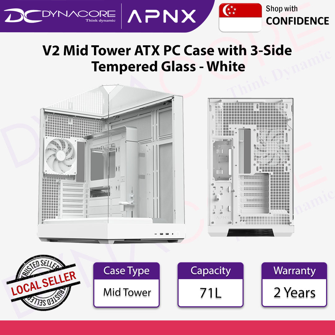 APNX V2 Mid Tower ATX PC Case with 3-Side Tempered Glass White - APNXV2WHT