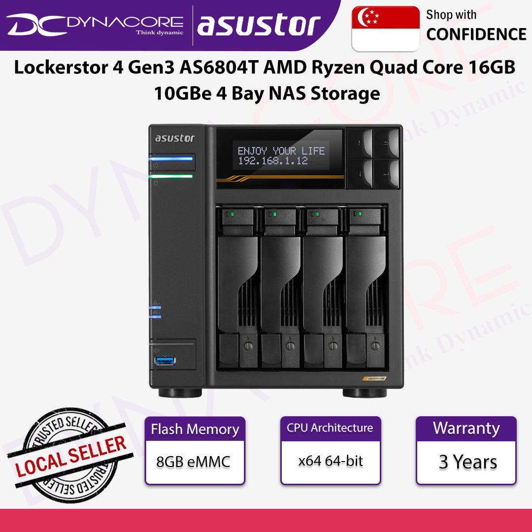 Asustor Lockerstor 4 Gen3 AS6804T AMD Ryzen Quad Core 16GB 10GBe 4 Bay NAS Storage - 887372001657