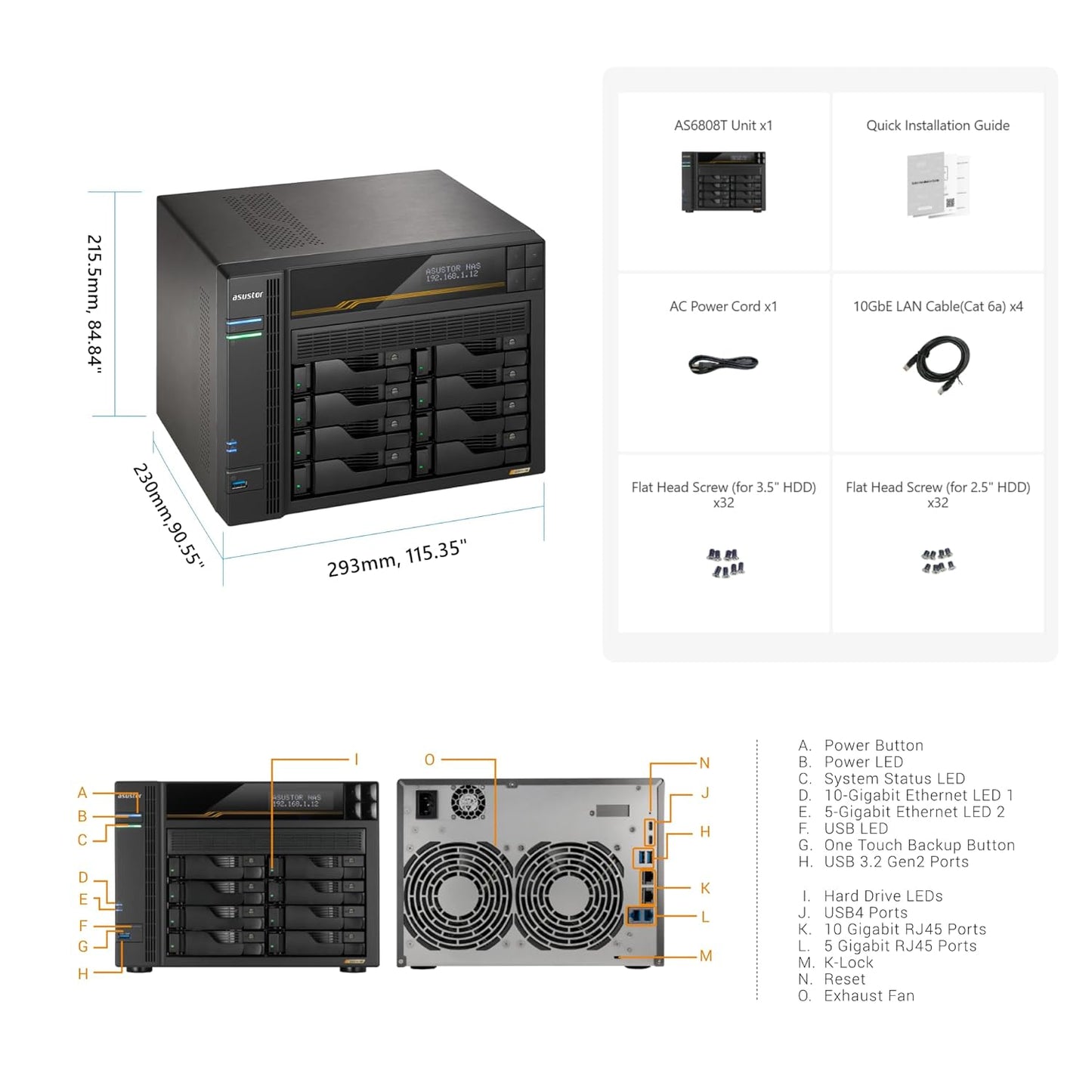 Asustor Lockerstor 8 Gen3 AS6808T 8 Bay Network Attached Storage with Dual 10 Gigabit ports - 887372001671