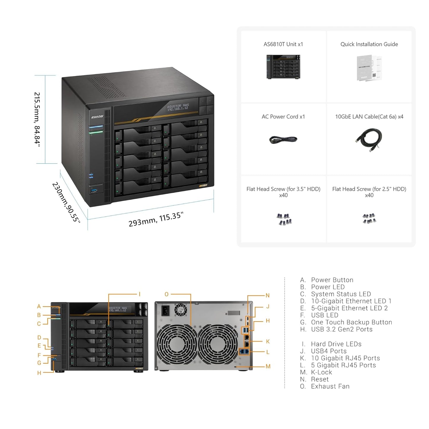 Asustor Lockerstor 10 Gen3 AS6810T 10 Bay 16GB RAM Network Attached Storage with Dual 10 Gigabit ports - 887372001688