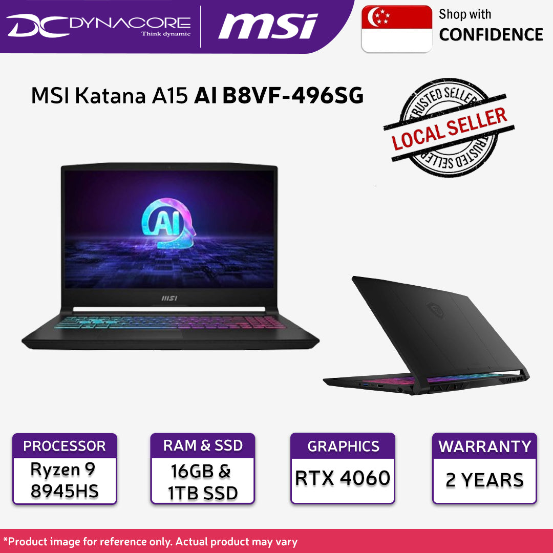 MSI Katana A15 AI B8VF-496SG Gaming laptop Black (New AMD Ryzen 9 8945HS/16GB /1TB SSD/ Nvidia RTX4060-8GB /15.6" FHD /Win11Home) - 9S7-158N31-496