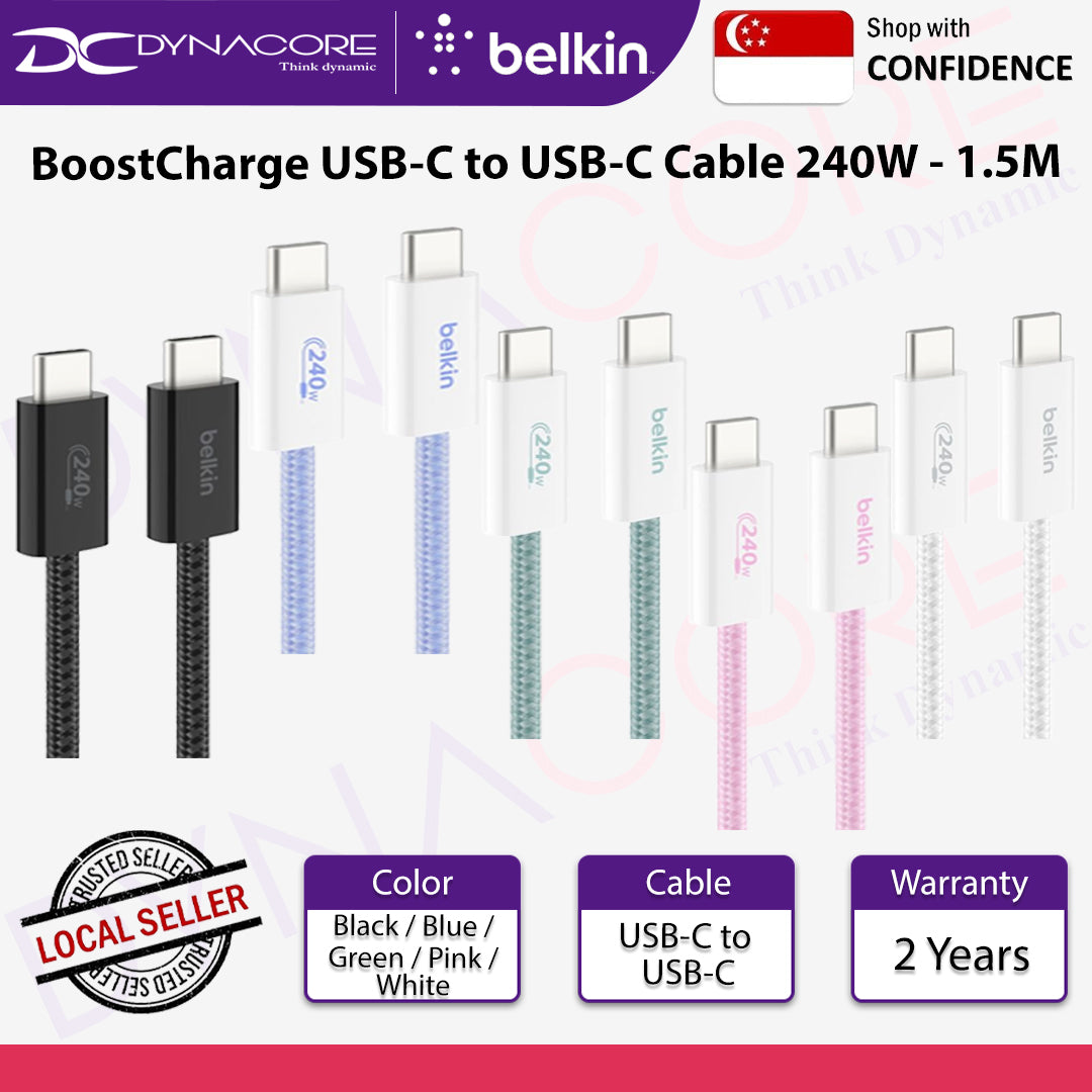 Belkin BoostCharge USB-C to USB-C Cable 240W - 1.5M (Black / Blue / Green / Pink / White)
