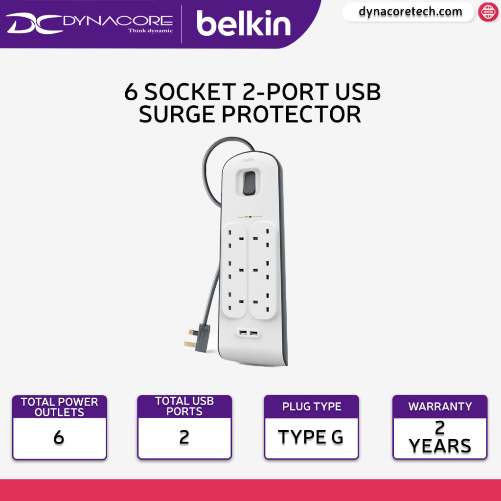 Belkin BSV604sa2M Surge Protector Plus 6-Way Outlet 2 - USB Ports 2M Premium Series - 745883651023