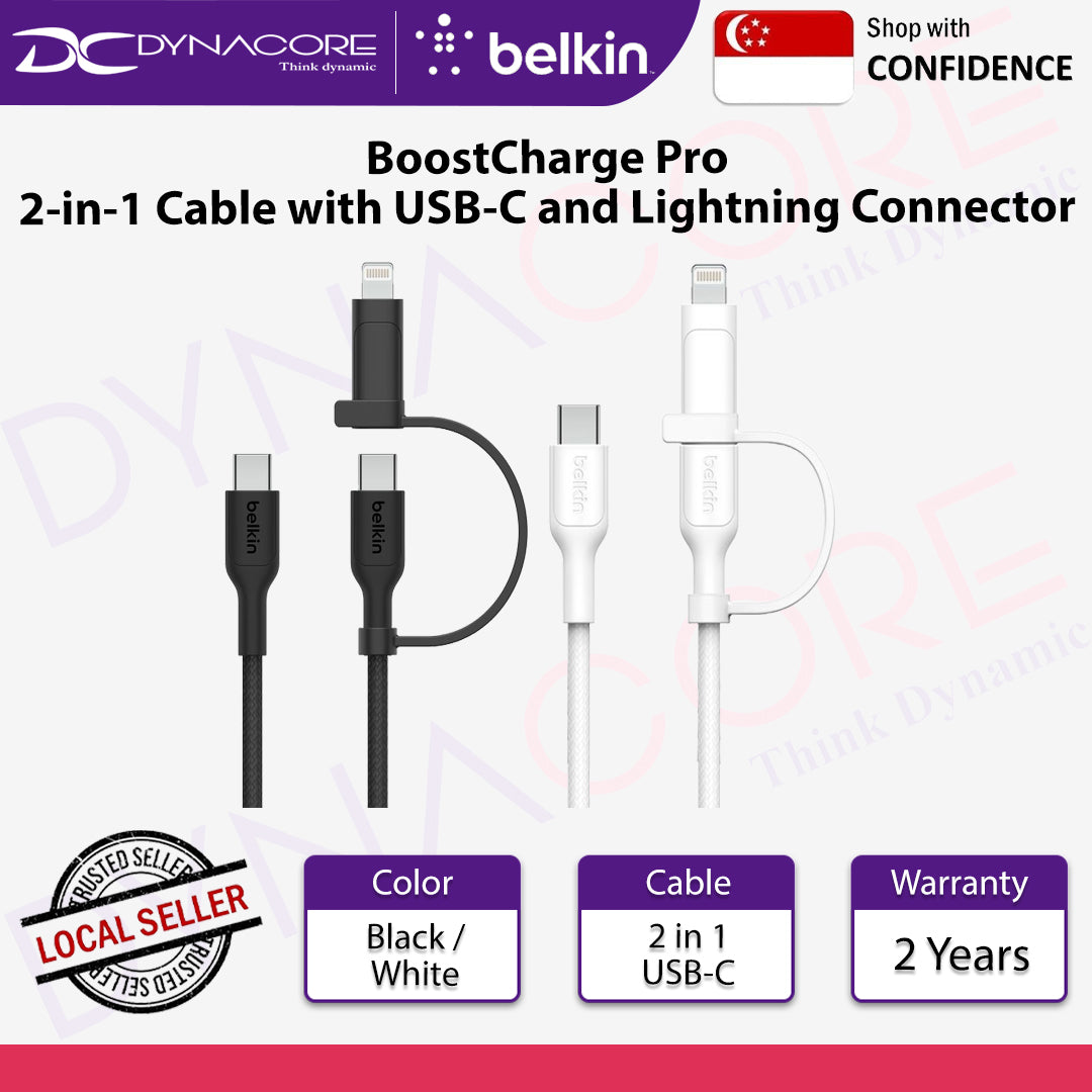 Belkin BoostCharge Pro 2-in-1 Cable with USB-C and Lightning Connector (Black / White)