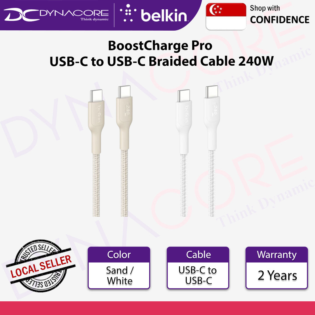 Belkin BoostCharge Pro USB-C to USB-C Braided Cable 240W - 1M (Sand/White)