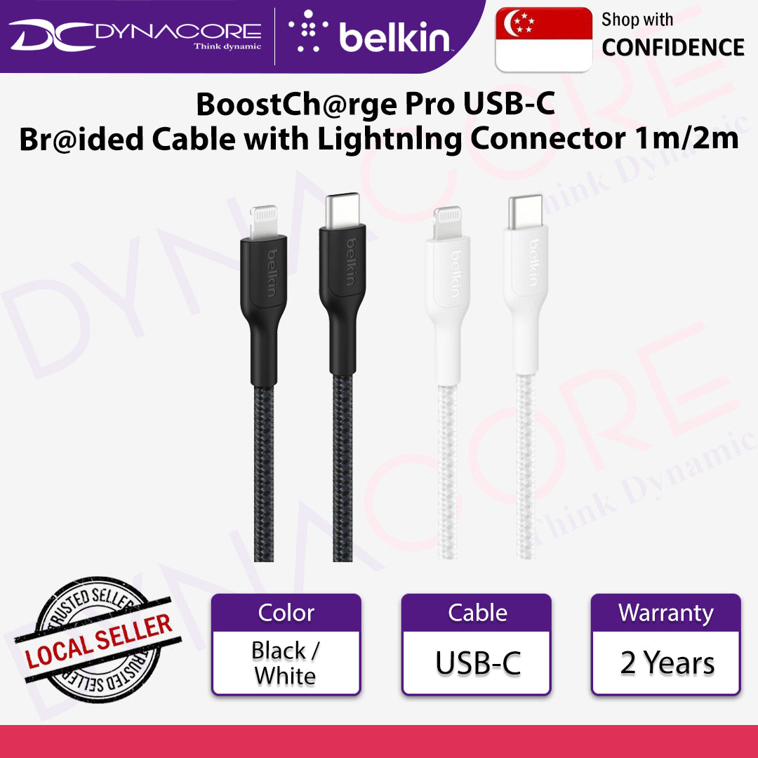 Belkin BoostCharge Pro USB-C Braided Cable with Lightning Connector 1m/2m (Black / White)