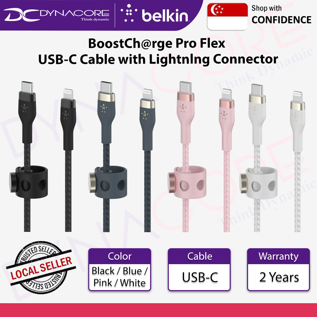 Belkin BoostCharge Pro Flex USB-C Cable with Lightning Connector - (Black / Blue / Pink / White)