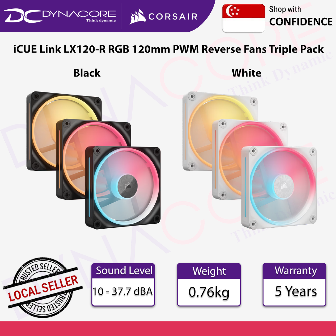 CORSAIR iCUE Link LX120-R RGB 120mm PWM Reverse Fans Triple Pack - Black / White