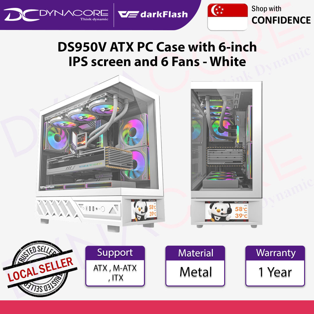 darkFlash DS950V ATX PC Case with 6-inch IPS screen and 6 Fans White - DFDS950VWHT